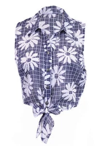 Blue Pepper Country Fair Daisy All Over Print Button Up Collar Cropped Top - Picture 1 of 4