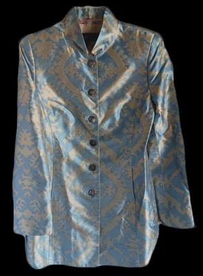 Nina Mclemore 蓝色棕褐色印花提花长丝绸夹克外套 6 码 — 第 1/4 张图片