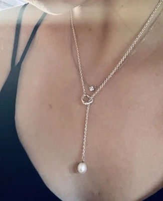 Tiffany & Co. Elsa Peretti Silver Toggle Open Heart Pearl Chain Lariat Necklace - Image 1 of 4