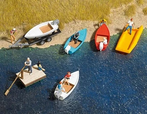 Busch 1157 HO Scale Boat/Raft Set w/Trailer - Kit -- 4 Boats, 1 Raft - Picture 1 of 1