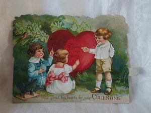 Vtg MECHANICAL Die-Cut Valentine’s Day Card THIS GREAT BIG HEARTS FOR YOU - Picture 1 of 5