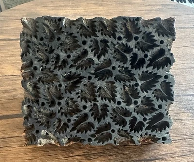 Antique Indian Wooden Hand Carved Printing Block Textile Print Block 6"x5" Leaf - Image 1 of 4