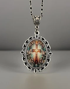 Vintage Style Religious Cross Cabochon Cameo Necklace- Brand New - Bild 1 von 5