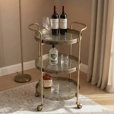 Vintage Rustic Gold Three Tier Bar Wine Beer Drinks Serving Trolley Cart - Image 1 of 4