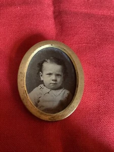 Antique Tintype Portrait In  an Oval Gold Colored Metal Pin On Frame 2 3/8” long - Picture 1 of 7