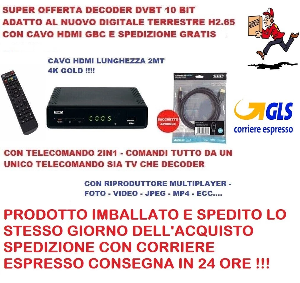 Decoder digitale terrestre dvb-t2 hevc full hd 1080p h.265 TK-1021HD CON CAVO HD - Immagine 1 di 1