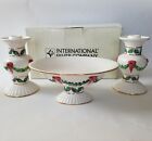 International Silver Candy Dish Candle Holders Holly Christmas Ceramic Gold Rim