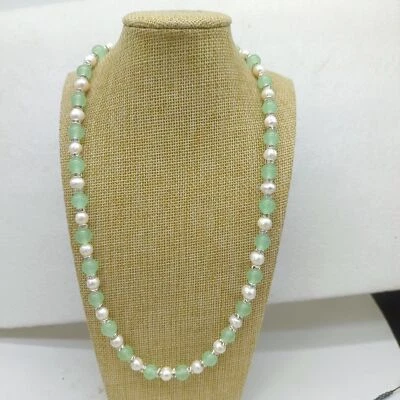 Collar de cuentas gemas redondas de jade verde de 20" para mujer de 7-8 mm de perlas blancas de agua dulce y 8 mm Foto 1 de 2