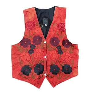 Vintage Floral Embroidered Vest Suede Back Button Up Sleeveless Red Size Small - Picture 1 of 10