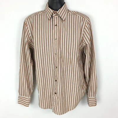 Camisa masculina vintage anos 90 Mondo Di Marco listrada de algodão marrom grande - Imagem 1 de 4