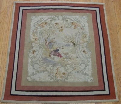 2'6"x2'8" ANTIQUE 1850s FRENCH AUBUSSON PICTORIAL HAND WOVEN FRAMED RUG CLEANED  - Image 1 of 4