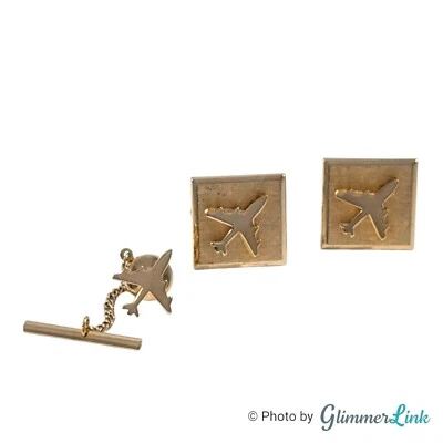 Juego de gemelos y corbatas vintage Swank Square Airplane tono dorado Foto 1 de 4