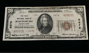 1929 $20 1st National RIMERSBURG PA National Currency ONLY TY2 CH# 6676 RARE !!! - Picture 1 of 7