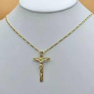 14K Gold Plated Jesus Christ Crucifix Cross Pendant Necklace Chain Oro laminado - Picture 1 of 6
