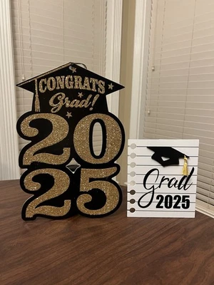 2025 Graduation Decor Bundle - Glitter 2025 Sign & Graduate Cap Easel Decoration - Image 1 of 4