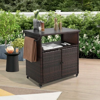 Outdoor Rolling Bar Cart with Glass Top, Rattan Beverage Server for Patio - Image 1 of 4