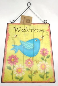 Glitzhome Welcome Sign Metal Wall Decor Blue Bird Daisy Flowers Cottagecore - Picture 1 of 4