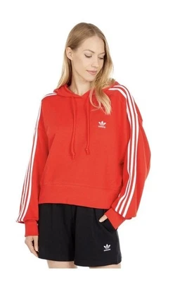 NUEVO CON ETIQUETAS Adidas Originales Mujer XS Sudadera con Capucha Corta Gran Tamaño H34614 Rojo Diseño 3 Rayas Foto 1 de 4