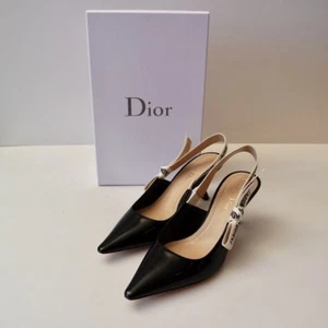DIOR SLINGBACK PUMPS IN SCHWARZ LACK MIT J'ADIOR BAND - Picture 1 of 5