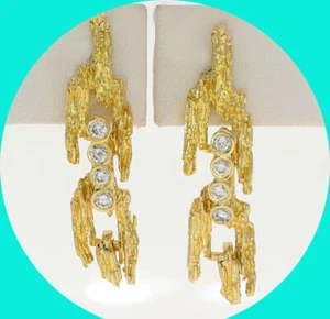 Diamond 18K Yellow Gold Branch Dangle Drop Earrings .25CT 1 1/4” Long - Picture 1 of 6