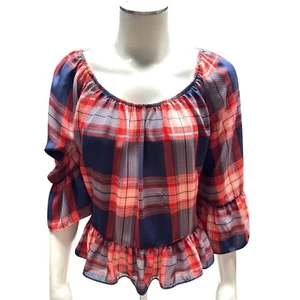 Copper Key Juniors XS Bell Sleeve Plaid Off Shoulder Ruffle Boho Blouse - Picture 1 of 10