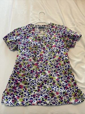 Greys Anatomy Womens V Neck Pink Blue Green Animal Leopard Print Scrub Top XS - Image 1 of 3