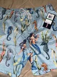 Psycho Tuna Seahorse Mermaid Swim Trunks Board Pool Shorts Large Blue - Picture 1 of 8