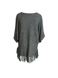 Valerie Stevens Petite Large Poncho Tunic Sweater Black White Fringe Boho - Picture 1 of 7