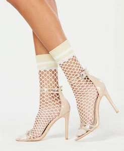 F200 I.n.c. Off White & Peach 2- Pack Stamped Floral Anklet Fishnet Socks - Picture 1 of 2