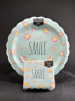 Rae Dunn LtBlue “SMILE” W/Happy Flowers 16ct Paper Plates 40ct Paper Napkins Set - Image 1 of 2