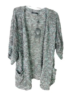 Vertigo Large Open Knit Rayon Acrylic Cardigan Short Wide Sleeve Blue Gray NWT - Picture 1 of 9