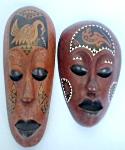 2 Hand Carved Wood Indonesia Tribal Native Mask Mother Of Pearl Inlay Balinese - Picture 1 of 17