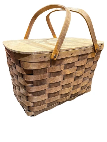 Vintage Large Wood Woven Picnic Basket Basketville Putney Vermont Double Handle Cover