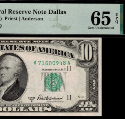 1950B $10 Federal Reserve Note PMG Gem 65EPQ - Dallas - Fr 2012-K - Image 1 of 3