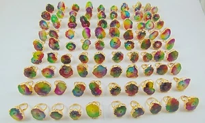 1000 GRAM 18KT GOLD PLATED DRUZY RAINBOW COLORS RINGS ALLOY 100 PCS OVERLAY LOTS - Picture 1 of 6