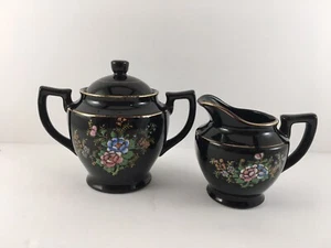 Vintage Black Sugar Bowl & Creamer Hand Painted Floral w/ Gold Trim 5 1/4” Tall - Picture 1 of 4