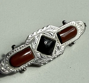VINTAGE ANTIQUE VICTORIAN SCOTTISH FINE SILVER JASPER BROOCH PIN - Picture 1 of 3