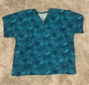 Unbranded Hospital Nurse Scrub Top Sz 1X. EUC!! Teal/Green Tie Dye Pattern - Picture 1 of 5