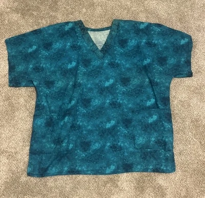 Unbranded Hospital Nurse Scrub Top Sz 1X. EUC!! Teal/Green Tie Dye Pattern - Image 1 of 4