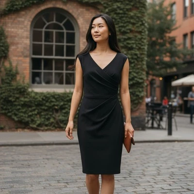 Vestido Lela Rose 8 | 100 % seda forrado mezcla de lana funda negra cuello en V acanalado Foto 1 de 4