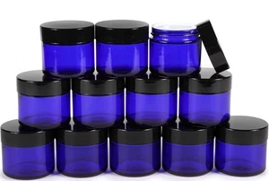 Vivaplex  Cobalt Blue 2 oz Round Glass Jars with Inner Liners & Black Lids ~ 12 - Picture 1 of 5
