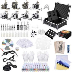 Kit Tatuaggio Completo 8 Mitragliatrice 40 Inchiostri Alimentatore Grip Punta Ago con Custodia - Foto 1 di 12