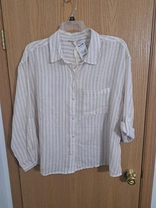 Shirt, Woman size XL, Beige and White Stripe Gauze type 100% Cotton - Picture 1 of 8
