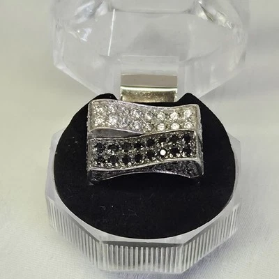 Anello Modernista Doppio Rettangolare Pave' Zircone Onice Argento Massiccio T56 - Immagine 1 di 4