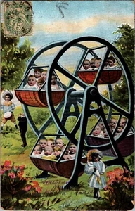 Kinder mit Riesenrad voller Babys Kinder Fantasy Vintage Postkarte - Bild 1 von 2
