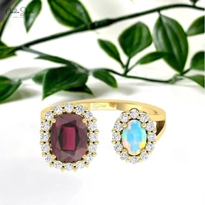 Double Halo Ring Rhodolite Garnet & Opal Ring 14K Gold Diamond Adjustable Rings - Picture 1 of 26