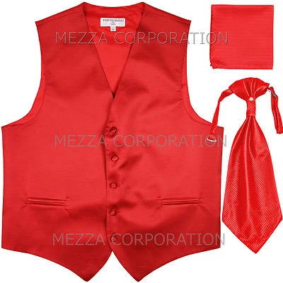 New Men's Tuxedo Vest Horizontal Stripes Ascot Cravat Hankie set prom party Red - Image 1 of 4