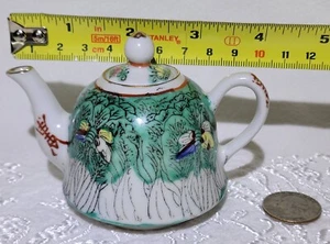 Antique Mini Chinese Export Porcelain teapot Green Cabbage Leaf Butterfly Gilt - Picture 1 of 14
