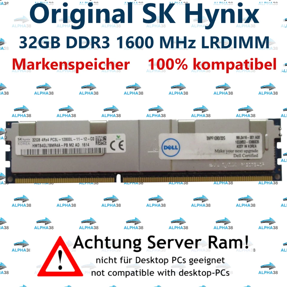 32 GB LRDIMM ECC DDR3-1600 Dell PowerEdge R620 R715 R720 R720xd R820 Server RAM - Bild 1 von 1
