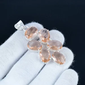 Lab- Made Morganite Gemstone Handmade 925 Sterling Silver Ethnic Jewelry Pendant - Picture 1 of 4